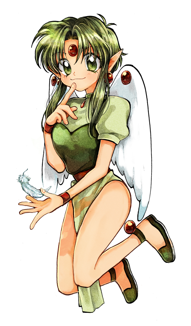 1990s_(style), 1girl, angel, bad_id, bad_pixiv_id, bare_legs, feathers, female_focus