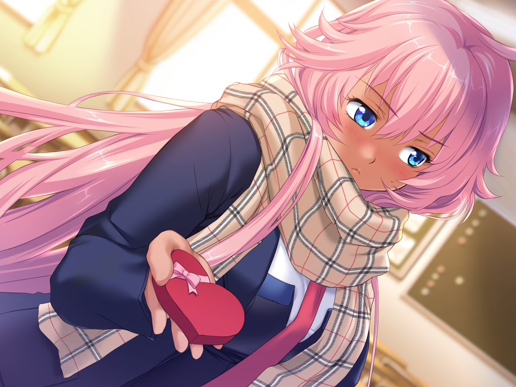 1girl, aota_natsu, aqua_eyes, blurry, blush, dark-skinned_female, dark_skin, depth_of_field, dutch_angle, female_focus, game_cg, gift, holding, incoming_gift, indoors, long_hair, long_sleeves, mochizuki_nozomu, ole-m, pink_hair, plaid_clothes, plaid_scarf, saimin_class, scarf, solo, upper_body, very_long_hair