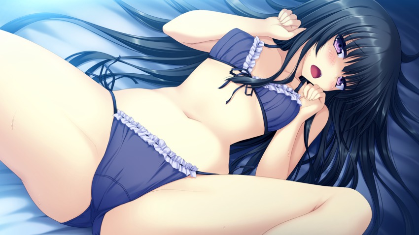 1girl, bed, black_hair, blush, bra, breasts, female_focus, frilled_panties