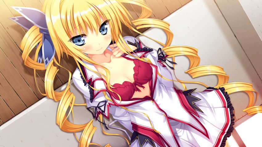 1girl, against_wall, blonde_hair, blue_eyes, blush, bow, bow_bra, bra
