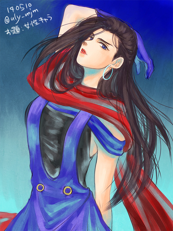 1girl, bad_id, bad_pixiv_id, black_hair, blue_eyes, earrings, gloves, jewelry, jojo_no_kimyou_na_bouken, lisa_lisa, long_hair, miyabi_(run), off_shoulder, scarf