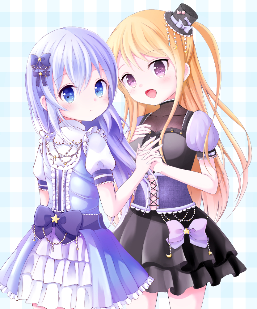 10s, 2girls, alternate_costume, asymmetrical_hair, beads, blonde_hair, blue_dress, blue_eyes