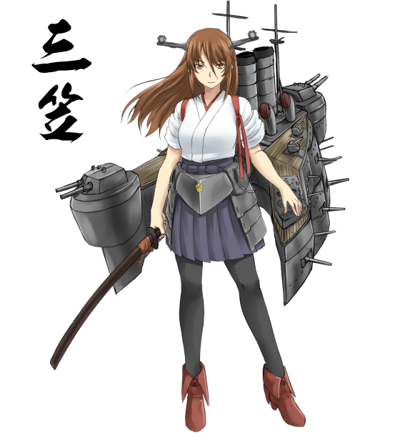 10s, 1girl, black_pantyhose, brown_eyes, brown_hair, cannon, character_name, female_focus, headgear, ishii_hisao, japanese_clothes, kantai_collection, katana, long_hair, mikasa_(battleship), mikasa_(kancolle), original, pantyhose, personification, pleated_skirt, rigging, scabbard, sheath, sheathed, ship_turret, skirt, solo, sword, weapon