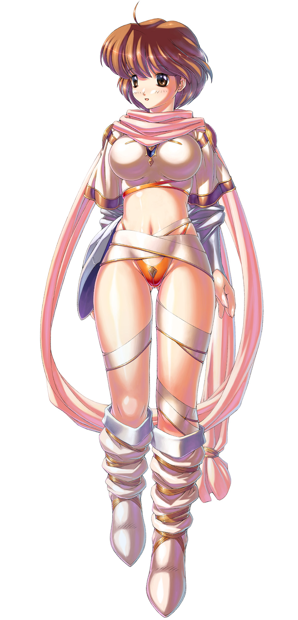 1girl, breasts, brown_eyes, brown_hair, female_focus, full_body, highres, langrisser, langrisser_iii, large_breasts, layered_sleeves, long_legs, navel, simple_background, sofia, solo, sophia_(langrisser), uchiu_kazuma, white_background