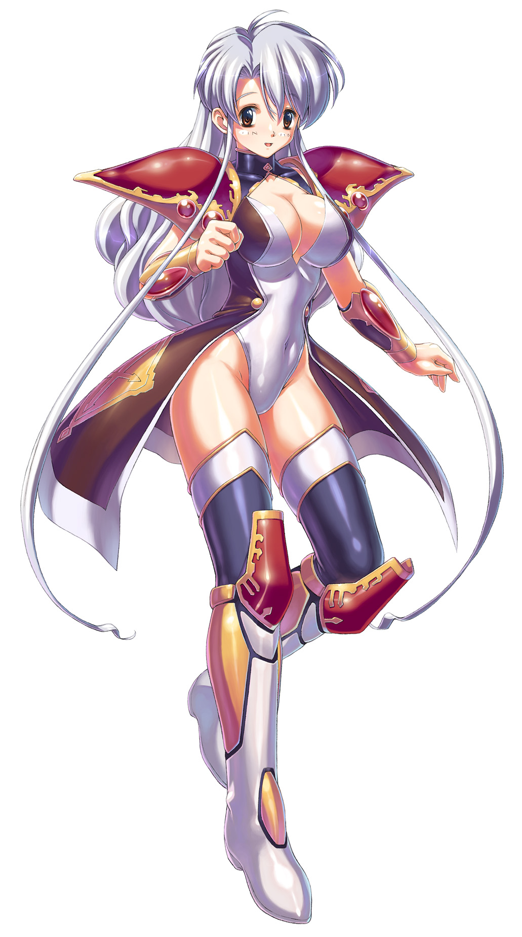 1girl, armor, bracer, breasts, brown_eyes, claret_(langrisser), cleavage, covered_navel, full_body, highres, langrisser, langrisser_v, large_breasts, leotard, long_hair, long_legs, pauldrons, shoulder_armor, simple_background, thighhighs, uchiu_kazuma, white_hair