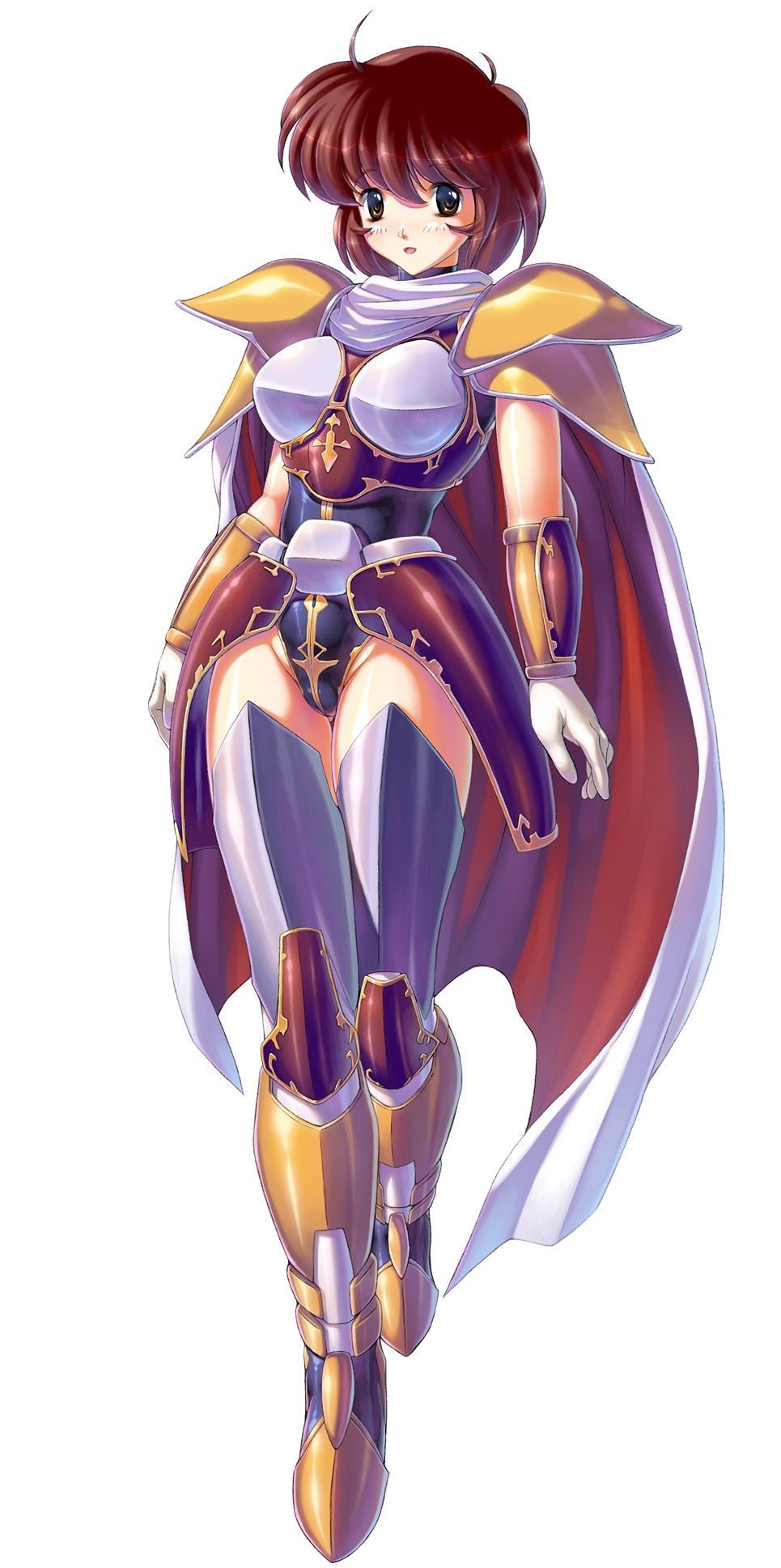 1girl, armor, breasts, brown_eyes, brown_hair, cape, female_focus, flare_(langrisser)