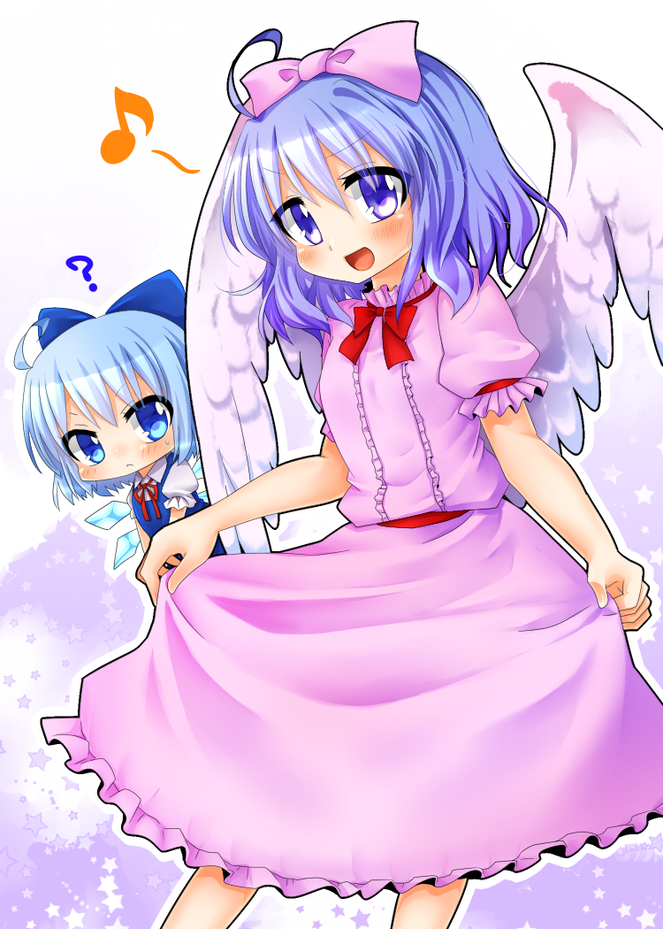2girls, :<, ?, ahoge, angel_wings, blue_eyes, blue_hair, bow