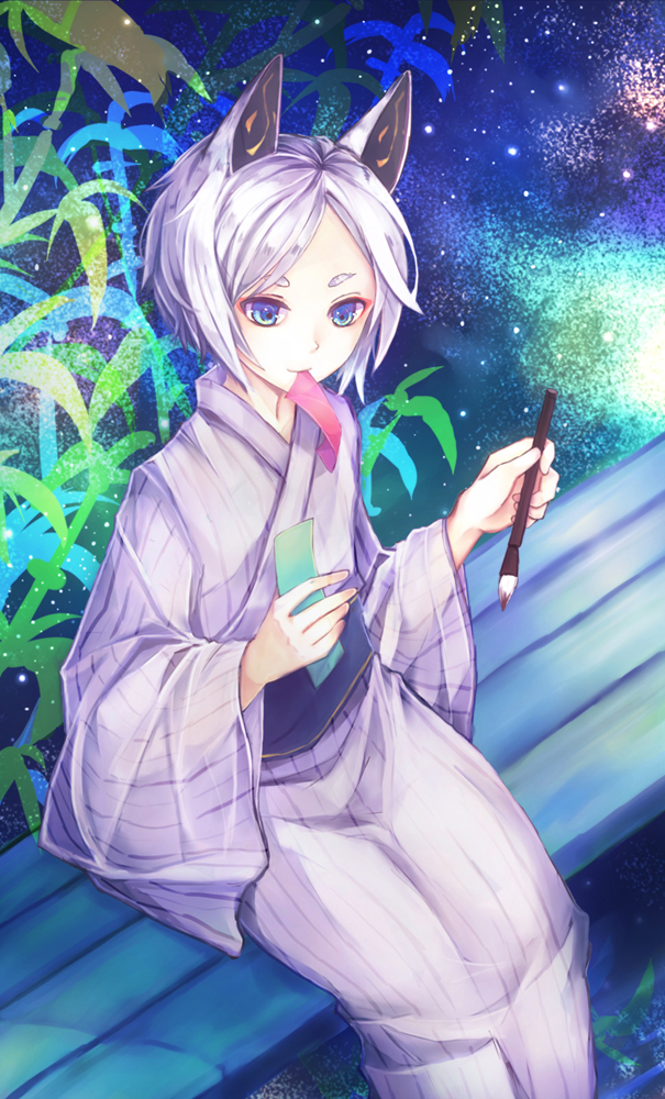 androgynous, animal_ears, ayakashi_onmyouroku, bamboo, blue_eyes, brush, fox_ears, gender_request, japanese_clothes, kimono, male_focus, mouth_hold, obi, on_bench, pipe_fox, sash, short_hair, simone, simone_(1916518), sitting, solo, traditional_clothes, white_hair