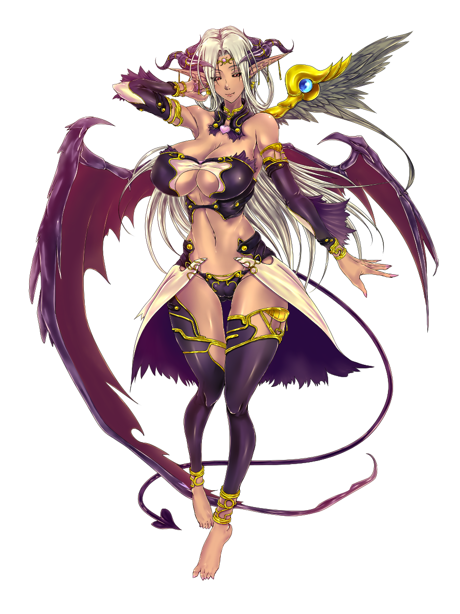 1girl, black_sclera, breasts, cleavage, colored_sclera, dark_skin, dark-skinned_female, demon_girl