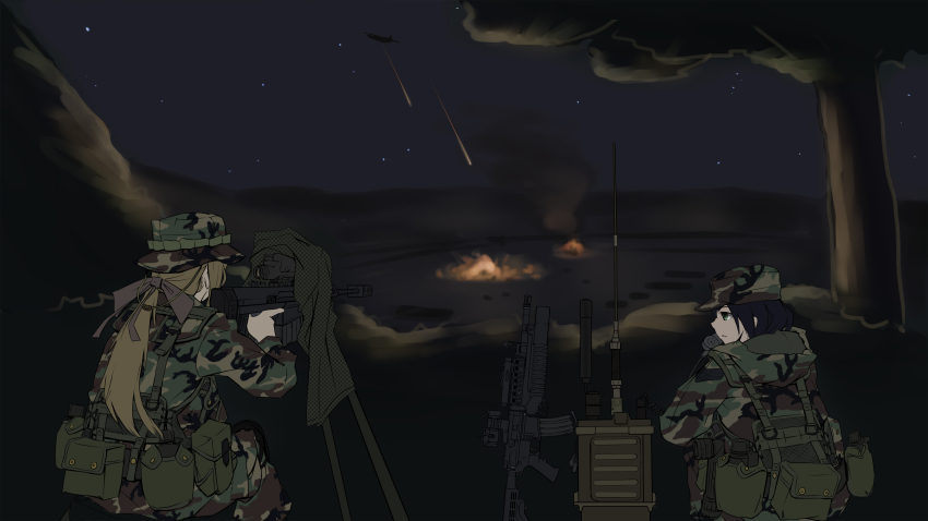 2girls, aai_corporation, absurdres, aiming, aircraft, airplane, airtronic_usa, ammunition_pouch