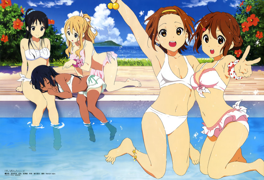 5girls, :d, absurdres, akiyama_mio, alternate_hairstyle, animedia, arm_up, armpits