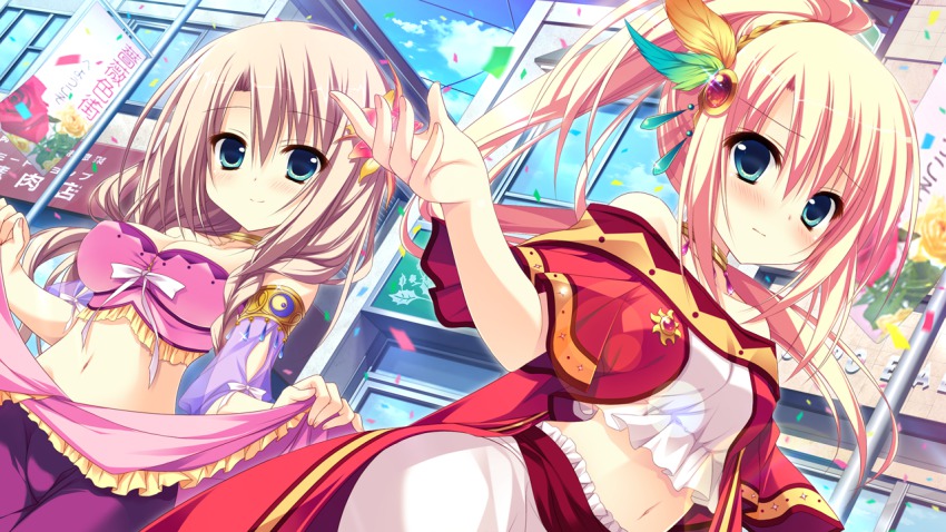 2girls, arabian_clothes, asakura_hayate, bare_shoulders, blonde_hair, blue_eyes, blush, breasts