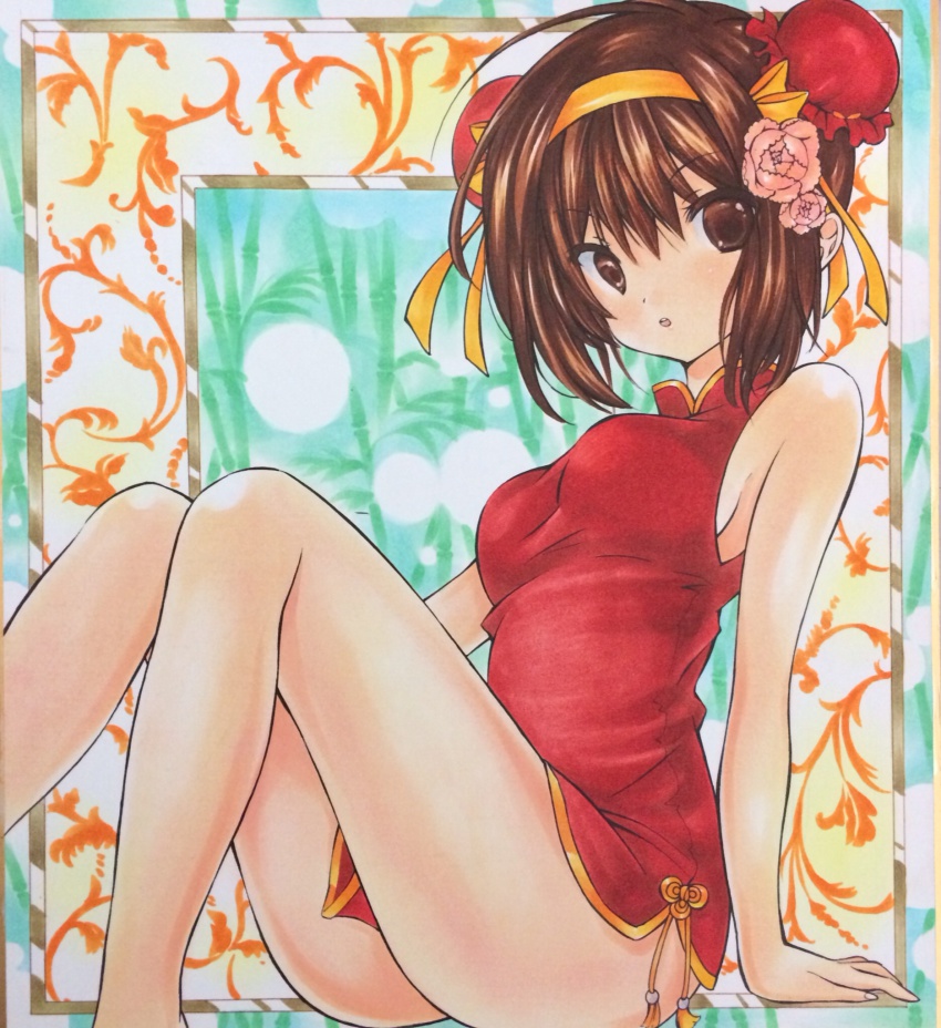 1girl, bad_id, bad_pixiv_id, breasts, brown_eyes, brown_hair, bun_cover, china_dress