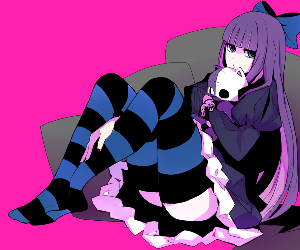 10s, 1girl, bad_id, bad_pixiv_id, bk3, black_nails, blue_eyes, blunt_bangs, bow, colored_inner_hair, dress, eyelashes, female_focus, fingernails, frills, gothic_lolita, hair_bow, hime_cut, honekoneko_(psg), legs_together, lolita_fashion, long_hair, long_sleeves, multicolored_hair, nail_polish, no_shoes, panty_&amp;_stocking_with_garterbelt, pink_background, pink_hair, puffy_long_sleeves, puffy_sleeves, purple_thighhighs, simple_background, sitting, skull, solo, stocking_(psg), striped_clothes, striped_thighhighs, stuffed_animal, stuffed_cat, stuffed_toy, thighhighs, very_long_hair, zettai_ryouiki