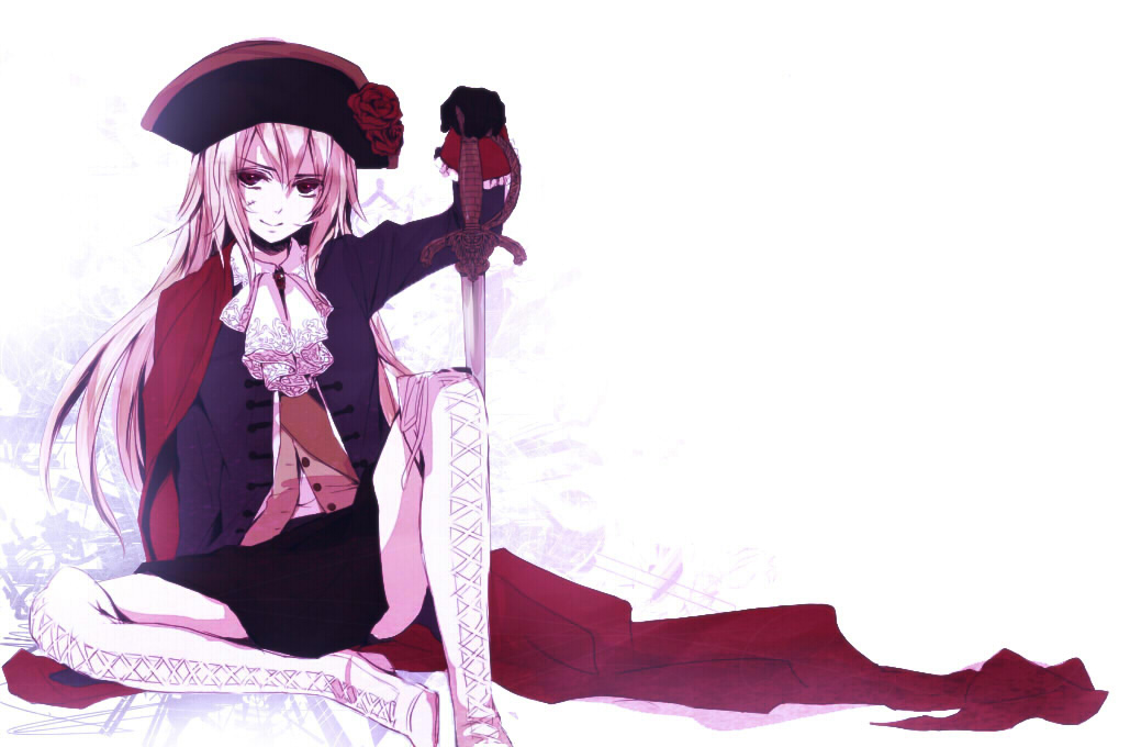 1girl, ascot, axis_powers_hetalia, bicorne, bk3, black_gloves, boots, buttons, cape, coat, female_focus, flower, frills, genderswap, genderswap_(mtf), gloves, hat, hat_flower, holding, holding_sword, holding_weapon, lace, lace-up_boots, layered_clothes, long_hair, long_sleeves, military, military_uniform, prussia_(female)_(hetalia), prussia_(hetalia), red_cape, red_eyes, red_flower, rose, scar, silver_hair, simple_background, sitting, skirt, smile, solo, spread_legs, stitches, sword, tricorne, weapon, white_background, white_legwear