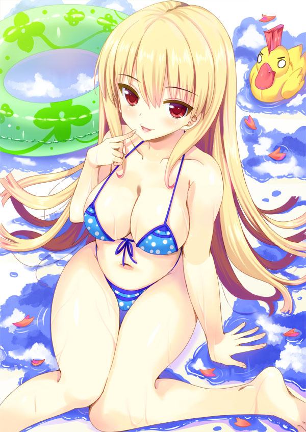 1girl, :d, :p, arm_support, barefoot, bikini, bird, blue_bikini, blush, breasts, cleavage, cloud, curvy, duck, female_focus, finger_to_mouth, front-tie_bikini_top, front-tie_top, innertube, katsuo, large_breasts, long_hair, looking_at_viewer, mohawk, navel, o_o, open_mouth, original, outdoors, parted_lips, petals, polka_dot, polka_dot_bikini, polka_dot_swimsuit, red_eyes, reflection, sabano_niwatori, sitting, skindentation, smile, smirk, solo, string_bikini, swim_ring, swimsuit, thick_thighs, thigh_gap, thighs, tongue, tongue_out, very_long_hair, wariza, water, wet