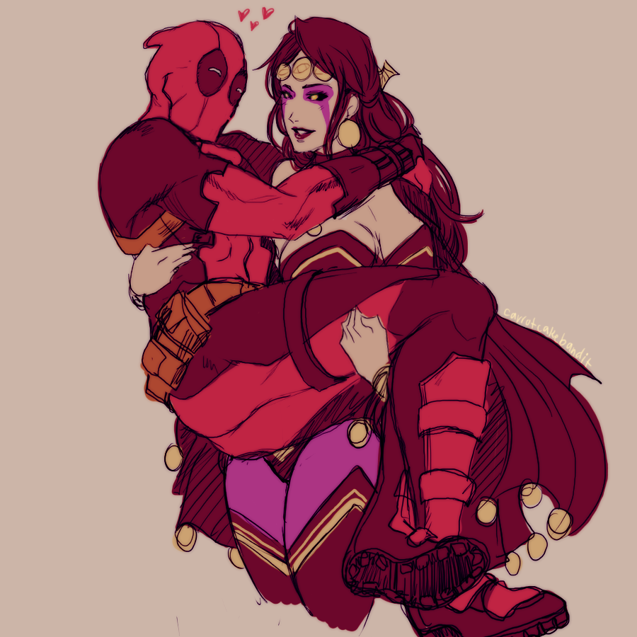 1boy, 1girl, black_sclera, carrying, colored_sclera, deadpool, deadpool_(series), demon_girl