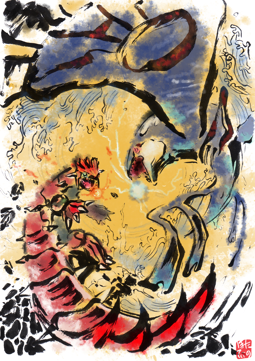 calligraphy_pen_(medium), fine_art_parody, gen_3_pokemon, groudon, highres, hotathino, kyogre, legendary_pokemon, nihonga, nintendo, no_humans, open_mouth, parody, pokemon, pokemon_(creature), sharp_teeth, signature, teeth, waves