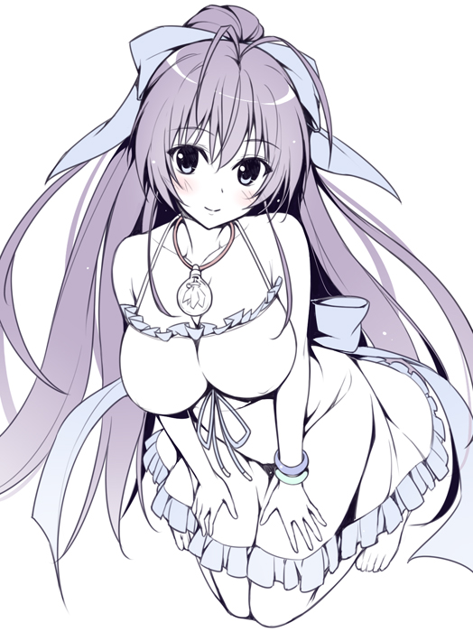 10s, 1girl, bare_legs, barefoot, bracelet, breasts, cleavage, dress