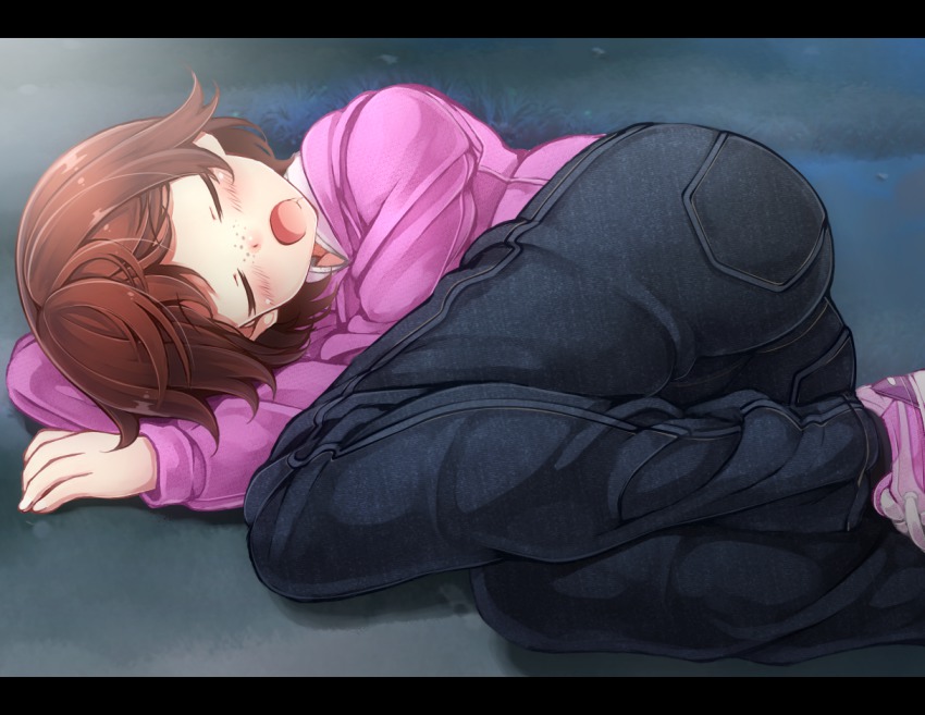 1girl, ass, bad_id, bad_pixiv_id, blush, brown_hair, closed_eyes, denim, drooling, female_focus, freckles, jeans, jikkyou_powerful_pro_yakyuu, komimiyako, letterboxed, lying, momoi_momoka, on_side, open_mouth, pants, power_pro-kun_pocket, shoes, short_hair, sleeping, sneakers, solo