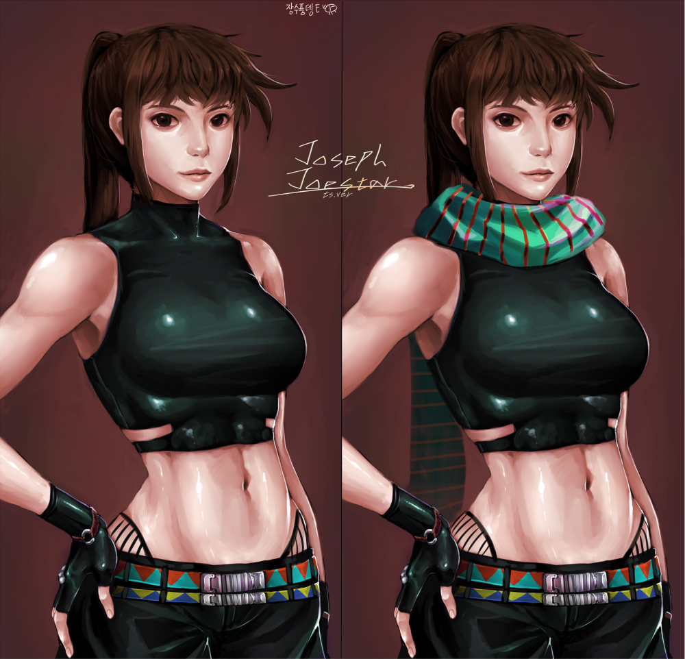 2girls, bad_id, bad_pixiv_id, breasts, brown_hair, bteele, crop_top, dual_persona