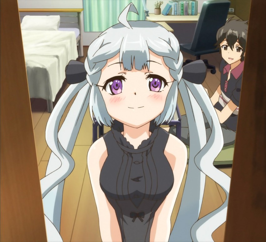 10s, anime_screenshot, bed, bedroom, blush, breasts, brown_eyes, brown_hair