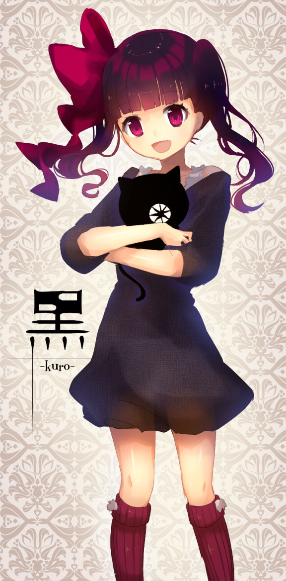 1girl, :d, bad_id, bad_pixiv_id, black_cat, black_hair, blunt_bangs, bow