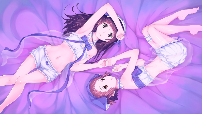 10s, 2girls, armpits, barefoot, black_hair, bloomers, breasts, brown_hair