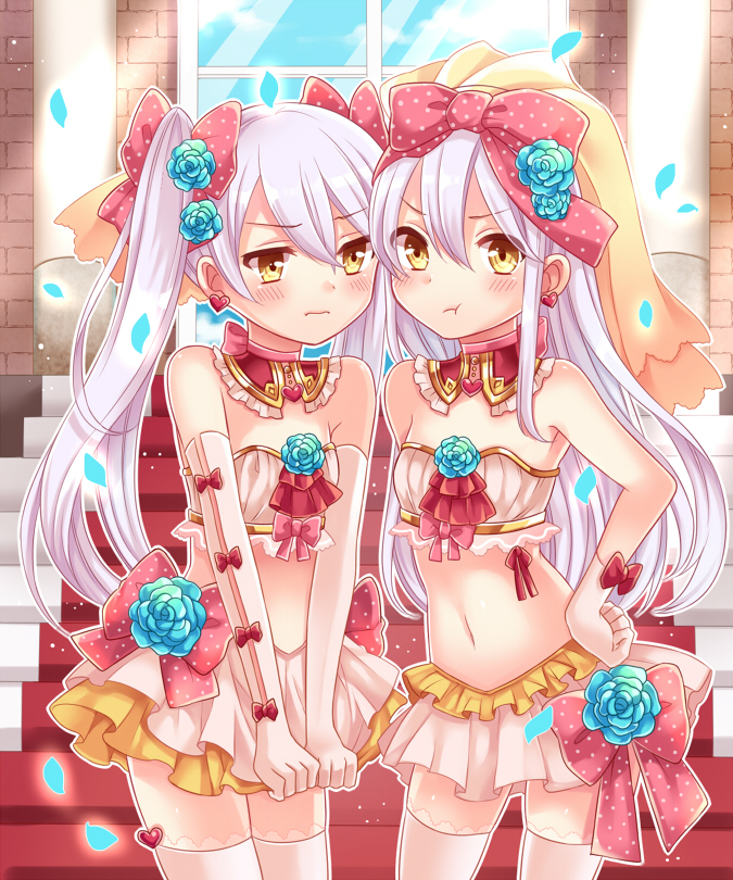 2girls, breasts, detached_collar, elbow_gloves, gloves, leg_ribbon, long_hair, midriff