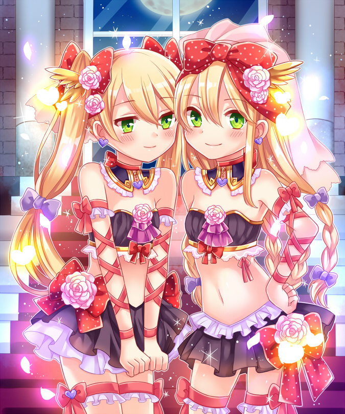 2girls, blonde_hair, braid, breasts, frilled_thigh_strap, green_eyes, long_hair, midriff