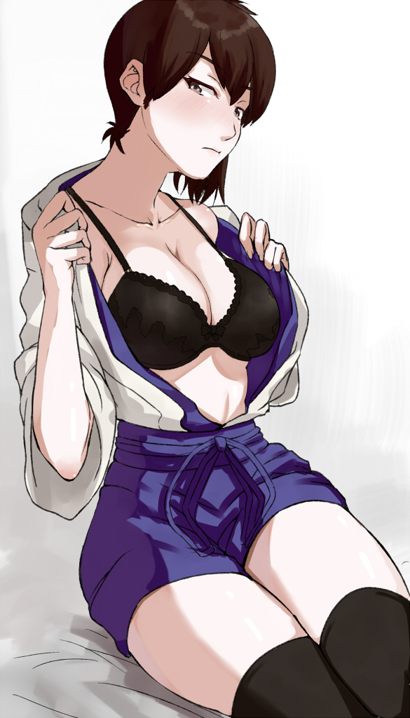 10s, 1girl, asymmetrical_hair, black_bra, blush, bra, breasts, brown_hair, cleavage, female_focus, japanese_clothes, kaga_(kancolle), kantai_collection, large_breasts, ogros, open_clothes, short_hair, side_ponytail, solo, thighhighs, underwear, undressing
