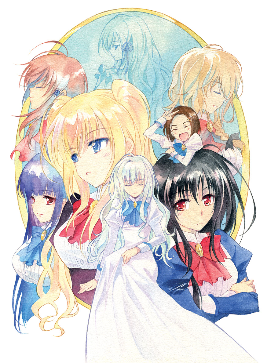 1boy, 6+girls, agahari, ahoge, antenna_hair, blue_eyes, blunt_bangs, brown_hair