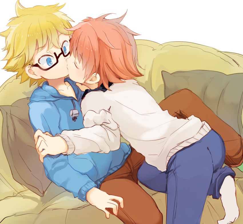 2boys, blonde_hair, blue_eyes, child, closed_eyes, glasses, highres, hood, hoodie, kiss, male_focus, multiple_boys, myuu1995, orange_hair, sweater, yaoi