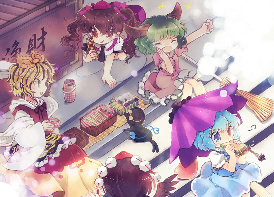 5girls, :q, all_fours, animal_ears, animal_print, animalization, biyon, black_hair