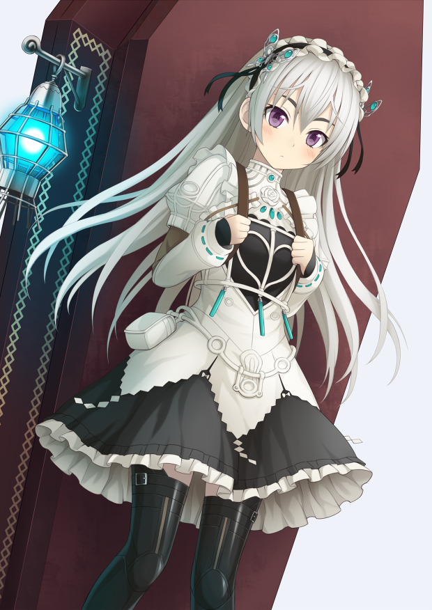 10s, 1girl, blush, butterfly_hair_ornament, chaika_trabant, coffin, dress, female_focus