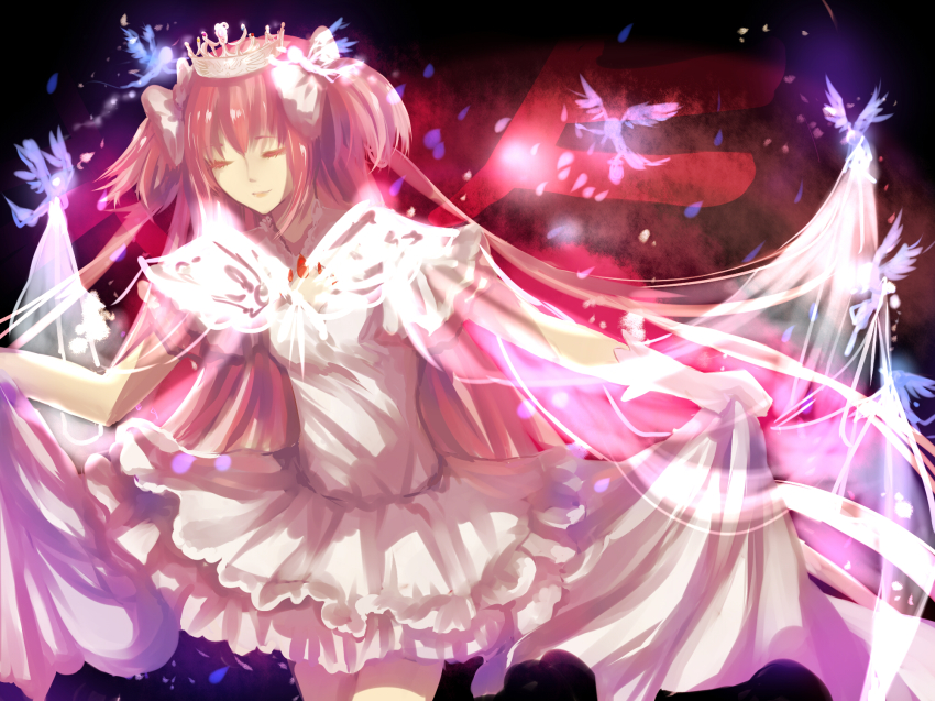 10s, 1girl, bad_id, bad_pixiv_id, bingxiaojian, bow, closed_eyes, dress, female_focus, gloves, hair_bow, highres, kaname_madoka, long_hair, mahou_shoujo_madoka_magica, mahou_shoujo_madoka_magica_(anime), pink_hair, smile, solo, spoilers, tiara, two_side_up, ultimate_madoka, white_dress, white_gloves