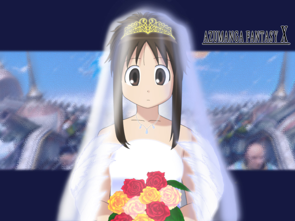 1girl, azufan, azumanga_daiou, bare_shoulders, bouquet, bridal_veil, bride, brown_eyes, brown_hair, copyright_name, cosplay, crossover, crown, dress, female_focus, final_fantasy, final_fantasy_x, flower, hat, kasuga_ayumu, niinii, official_alternate_costume, parody, pink_flower, pink_rose, red_flower, red_rose, rose, sleeveless, solo, spoilers, tiara, veil, wedding_dress, yellow_flower, yellow_rose, yuna, yuna_(cosplay), yuna_(ff10), yuna_(ff10)_(cosplay)
