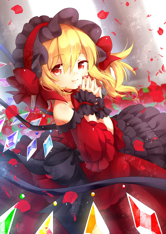 1girl, alternate_costume, asymmetrical_hair, blonde_hair, bonnet, bow, dress, fang