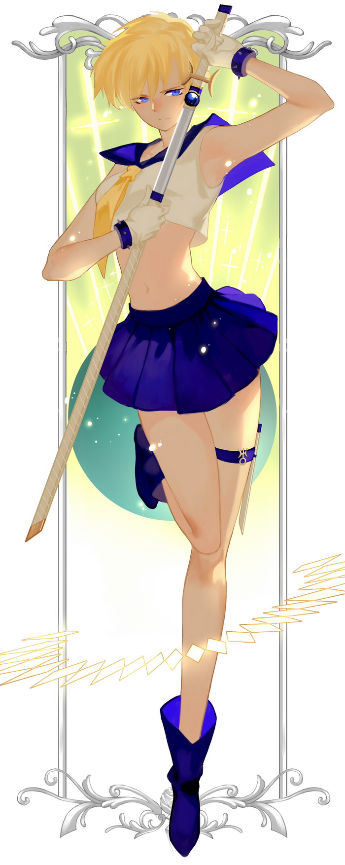 1girl, alternate_costume, bishoujo_senshi_sailor_moon, blonde_hair, blue_eyes, blue_footwear, blue_sailor_collar, blue_skirt