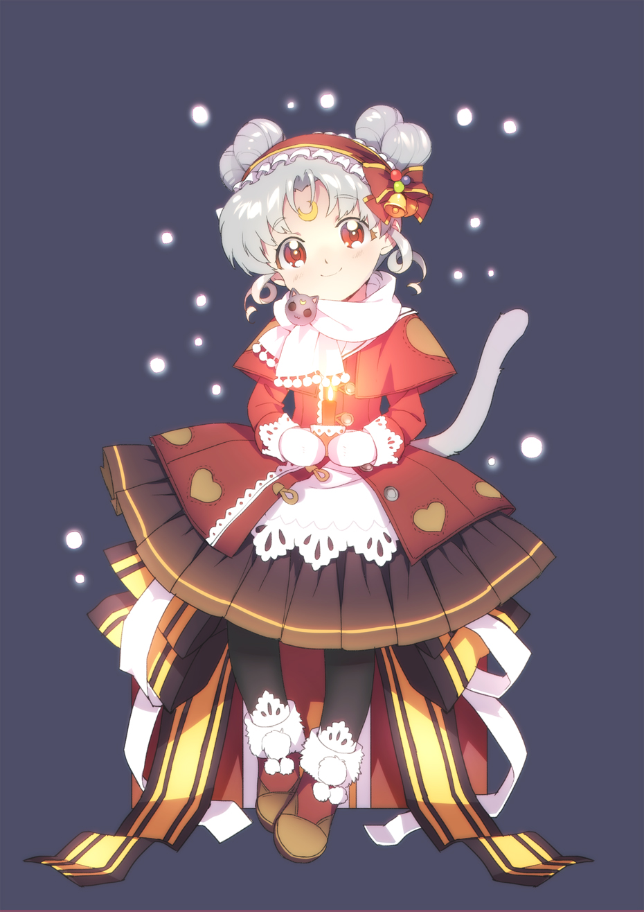 1girl, albino, bishoujo_senshi_sailor_moon, bishoujo_senshi_sailor_moon_stars, bishoujo_senshi_sailor_moon_supers, black_dress, black_pantyhose, blue_background, bow, candle, cat_tail, christmas, crescent, crescent_facial_mark, diana_(sailor_moon), diana_(sailor_moon)_(human), double_bun, dress, ecoliff, facial_mark, female_focus, forehead_mark, frills, full_body, gloves, grey_hair, hair_bow, hair_bun, hairband, highres, jacket, pantyhose, red_eyes, scarf, shoes, short_hair, sitting, smile, snow, solo, tail