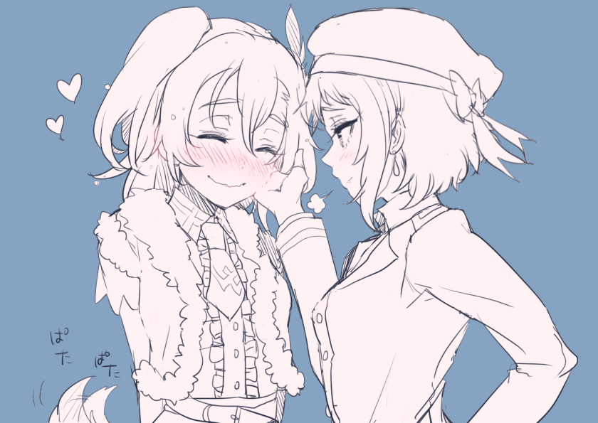 10s, 2girls, asymmetrical_hair, beret, blush, center_frills, closed_eyes, dog_tail