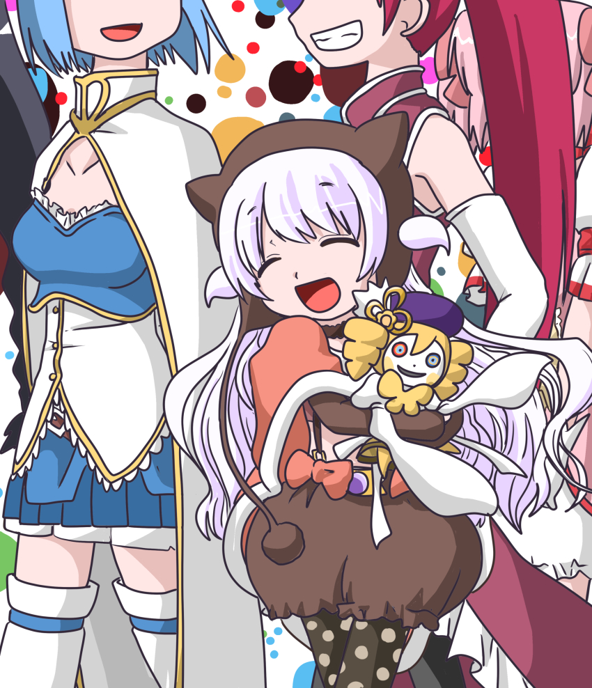 10s, 5girls, absurdres, akemi_homura, black_hair, blue_hair, blush_stickers, bow