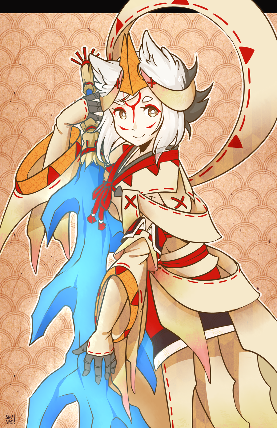 1girl, amaterasu_(ookami), amatsumagatsuchi_(armor), animal_ears, black_hair, brown_eyes, capcom, coat