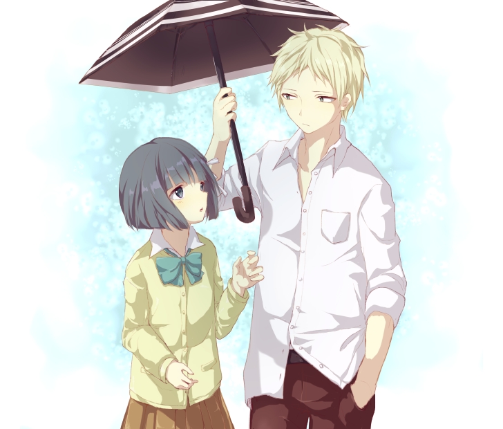 10s, 1boy, 1girl, black_hair, blonde_hair, holding, holding_umbrella, isshuukan_friends