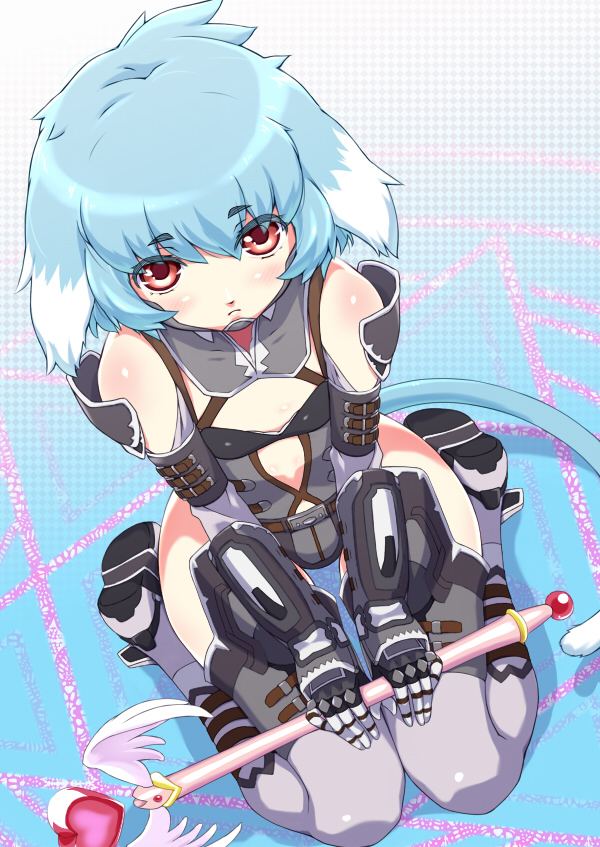 00s, 1girl, animal_ears, armor, blue_hair, blush, boots, elbow_gloves