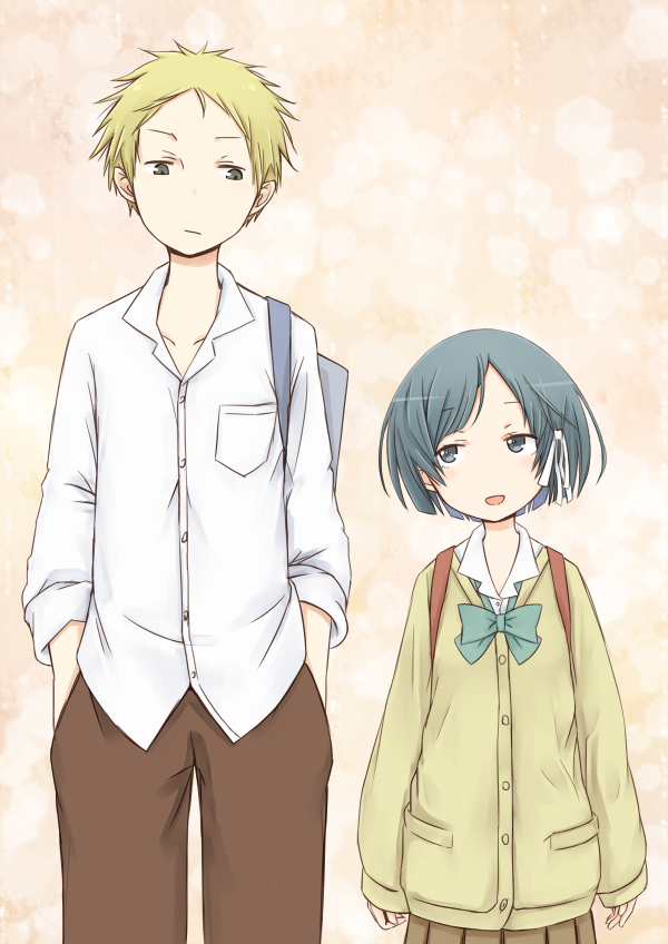 10s, 1boy, 1girl, azu_(azusayumix), blonde_hair, green_hair, height_difference, isshuukan_friends