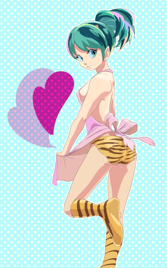 1girl, alternate_hairstyle, apron, bad_id, bad_pixiv_id, bikini, bikini_bottom_only, boots, breasts, female_focus, green_eyes, green_hair, heart, horns, looking_back, lum, matching_hair/eyes, nearly_naked_apron, oilaoila, pointy_ears, polka_dot, polka_dot_background, ponytail, sideboob, smile, solo, swimsuit, tiger_stripes, urusei_yatsura