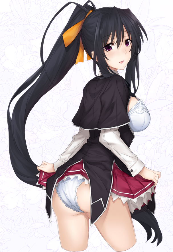 10s, 1girl, ass, billion_(billion0103), black_hair, bra, clothes_lift, cowboy_shot, cropped_legs, female_focus, from_behind, hair_ribbon, high_school_dxd, himejima_akeno, leaning_forward, long_hair, looking_back, open_clothes, panties, ponytail, ribbon, school_uniform, simple_background, skirt, skirt_lift, smile, solo, underwear, upskirt, very_long_hair, white_bra, white_panties