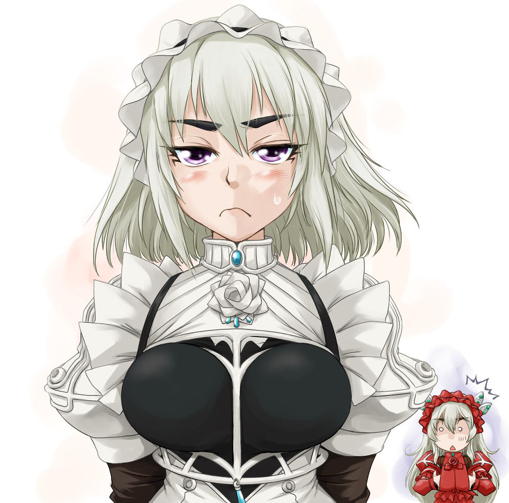 2girls, blush, chaika_bogdan, chaika_trabant, commentary_request, completely_unamused, cosplay, costume_switch, eyebrows, frown, hitsugi_no_chaika, jitome, long_hair, multiple_girls, purple_eyes, ranbu_hararin, short_hair, unamused, white_hair