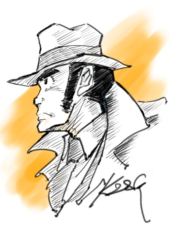 1boy, gradient_background, hat, lupin_iii, male_focus, monochrome, solo, upper_body, white_background, yamato4289, zenigata_kouichi